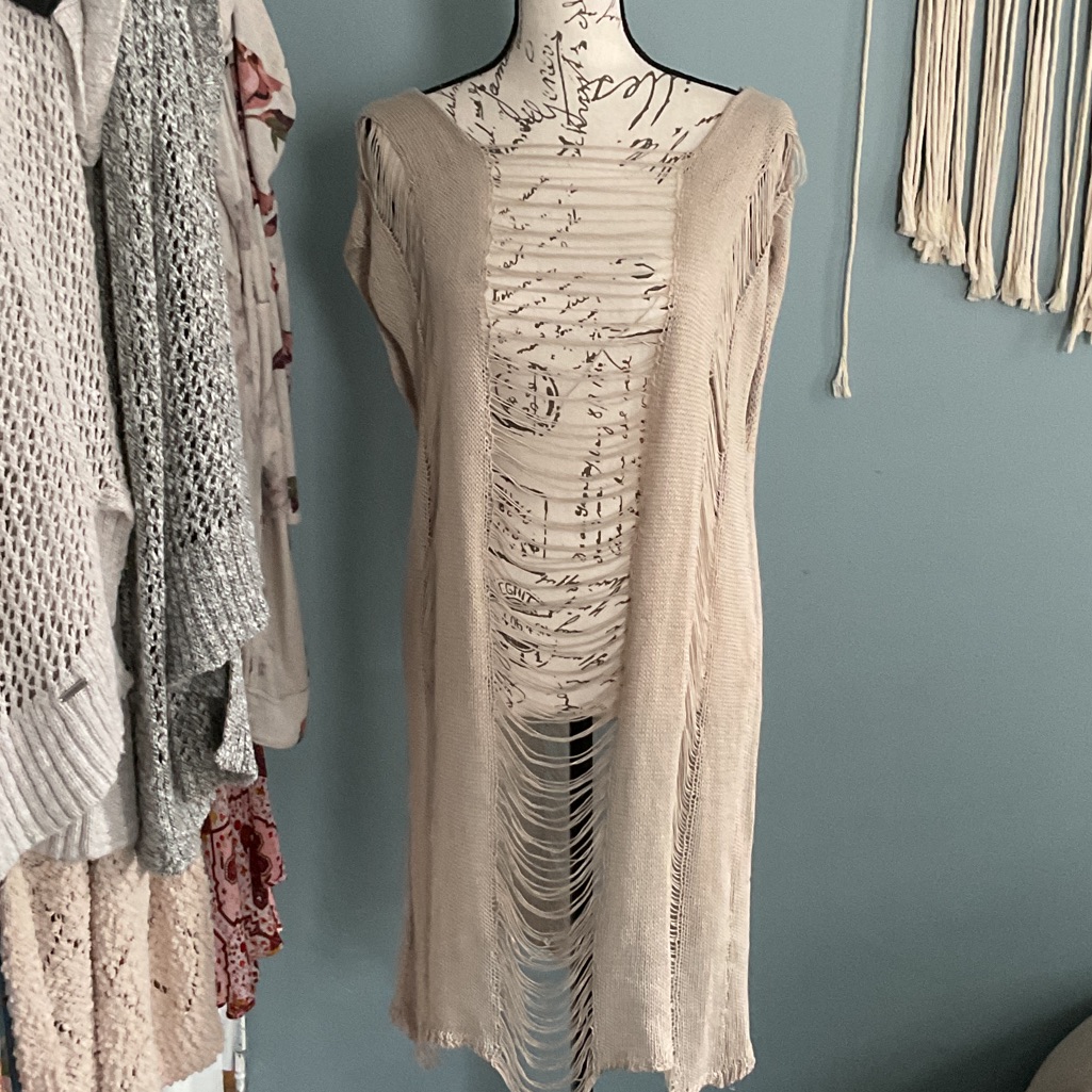 Beige Fringe Knit Beach Cover Up Lg